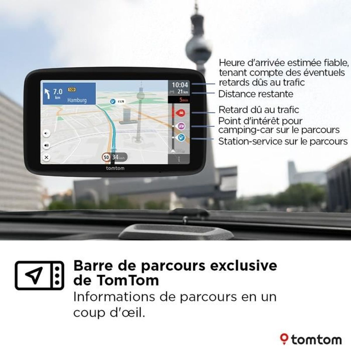 Il GPS TomTom mostra il percorso per Amburgo, tempo, distanza e traffico. Include POI per campeggi e stazioni di servizio. Visibile la torre TV di Berlino.