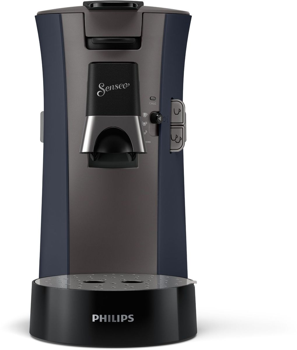 Een donkerblauwe en grijze Senseo koffiemachine. Het heeft knoppen en een waterreservoir. Het Philips-logo is zichtbaar.