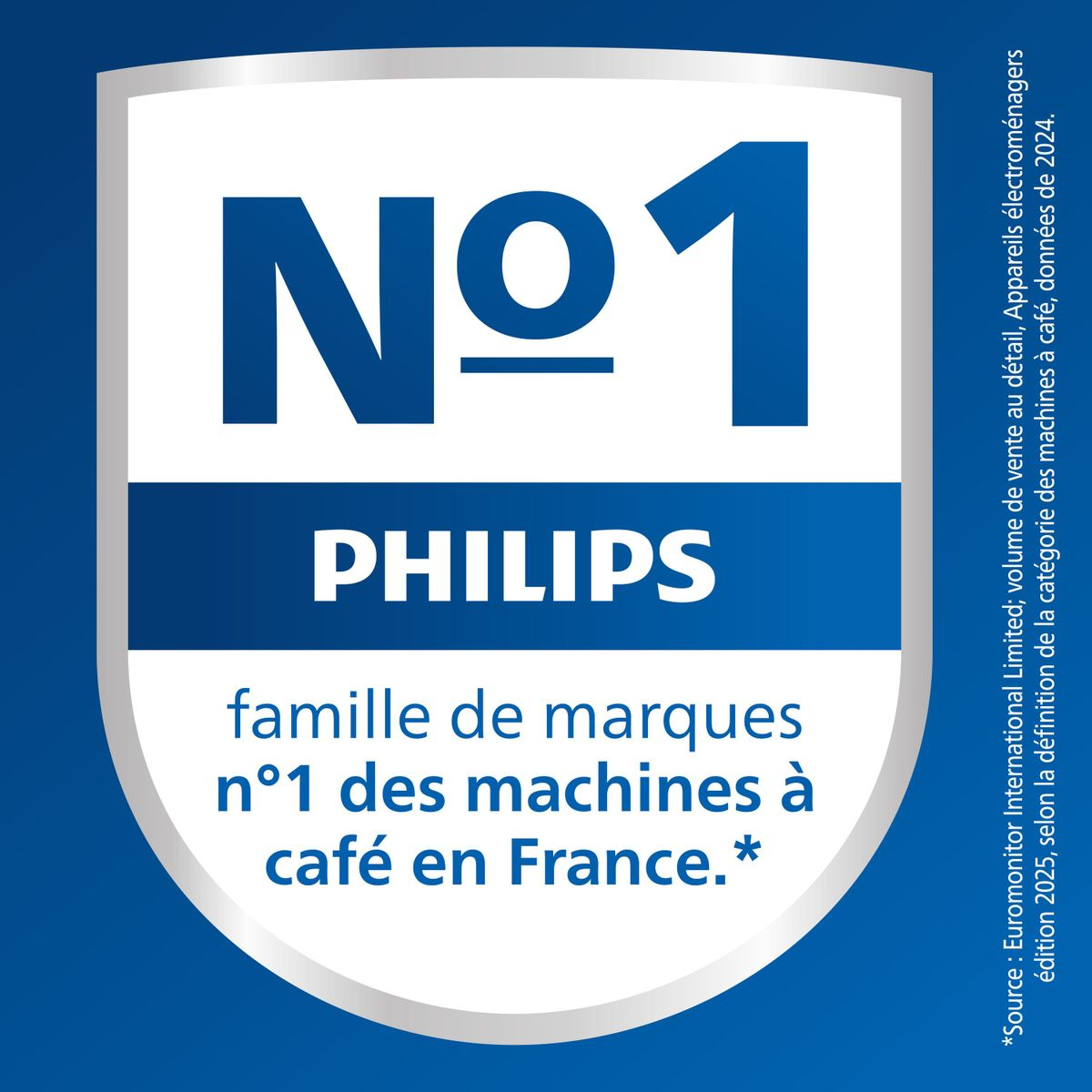 De afbeelding is een Philips-advertentie. Er staat 'No 1' met 'PHILIPS' eronder. Er staat ook: 'merkenfamilie nr. 1 koffiemachines in Frankrijk'.