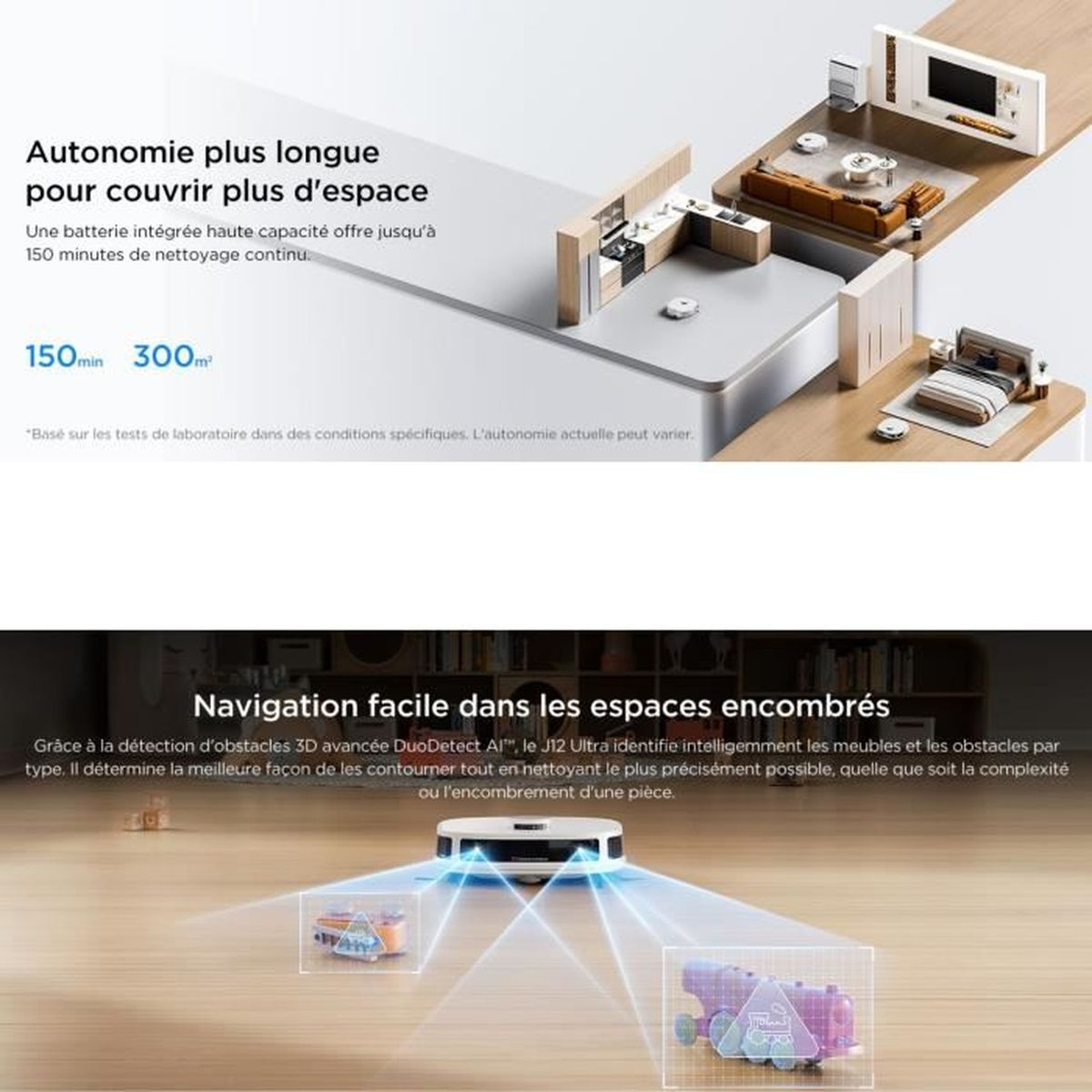 La imagen muestra un robot aspirador navegando por una habitación. Destaca su duración de la batería y capacidades de detección de obstáculos.