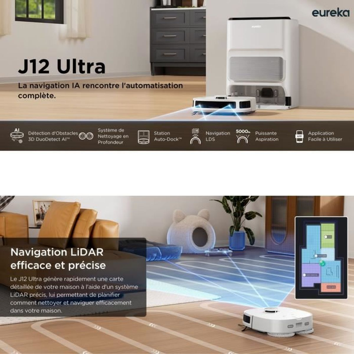 Una aspiradora robot blanca, una estación de acoplamiento y una habitación con muebles, incluyendo un sofá y una cama para gatos.