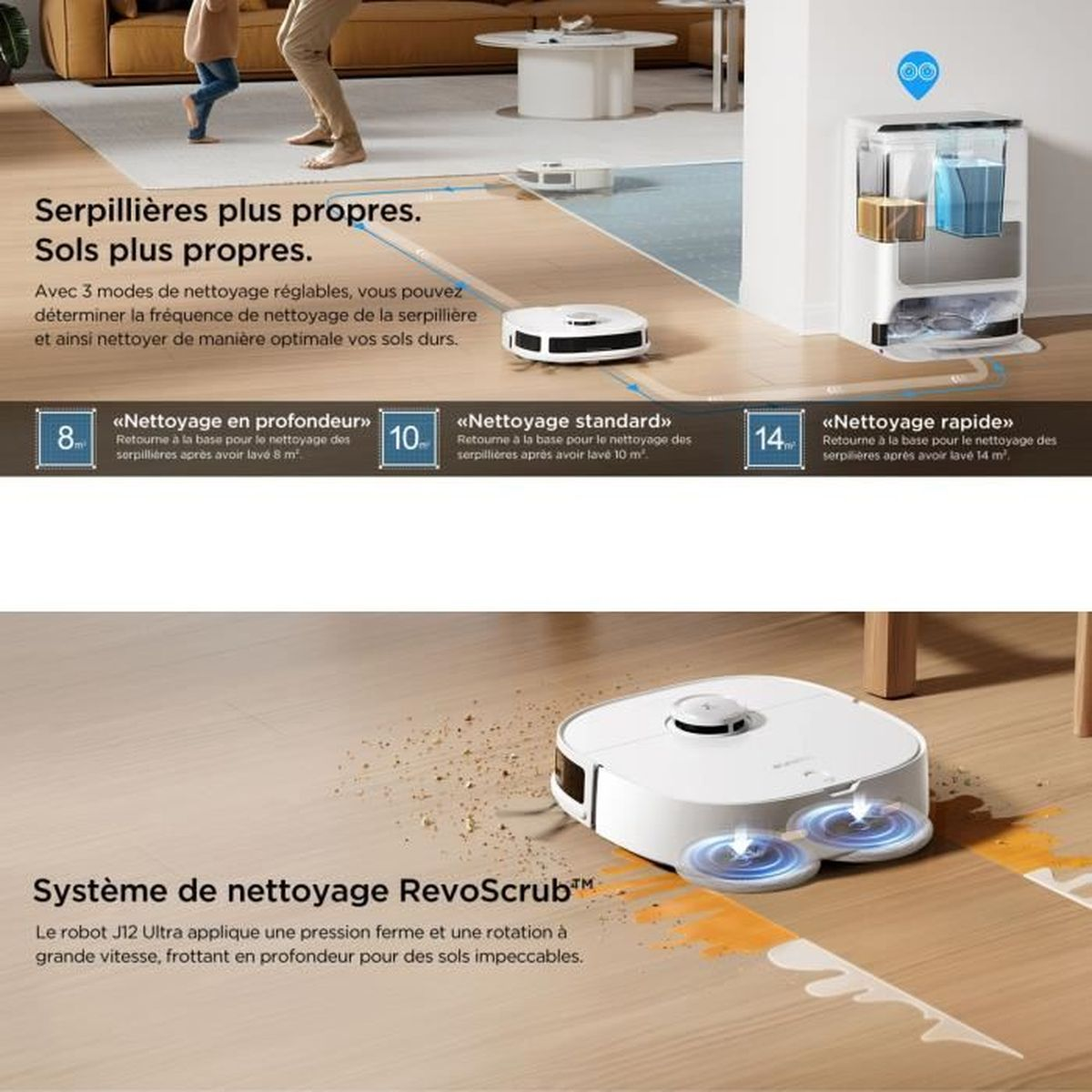 La imagen muestra un robot aspirador y su estación de carga. El texto describe los modos de limpieza y la tecnología.