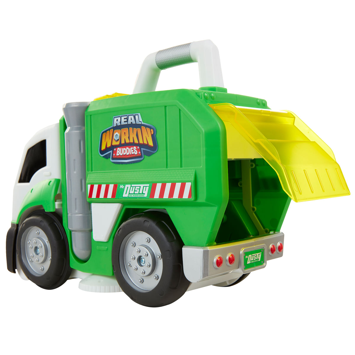 Un camión de basura de juguete verde y blanco con tapa amarilla y asa. Tiene las palabras 'Real Workin' Buddies'.