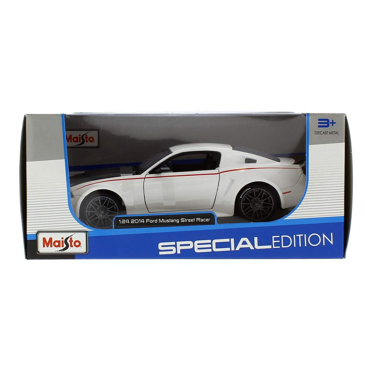 Un coche de juguete Ford Mustang blanco en una caja. Tiene rayas rojas. La caja dice 'Special Edition'.