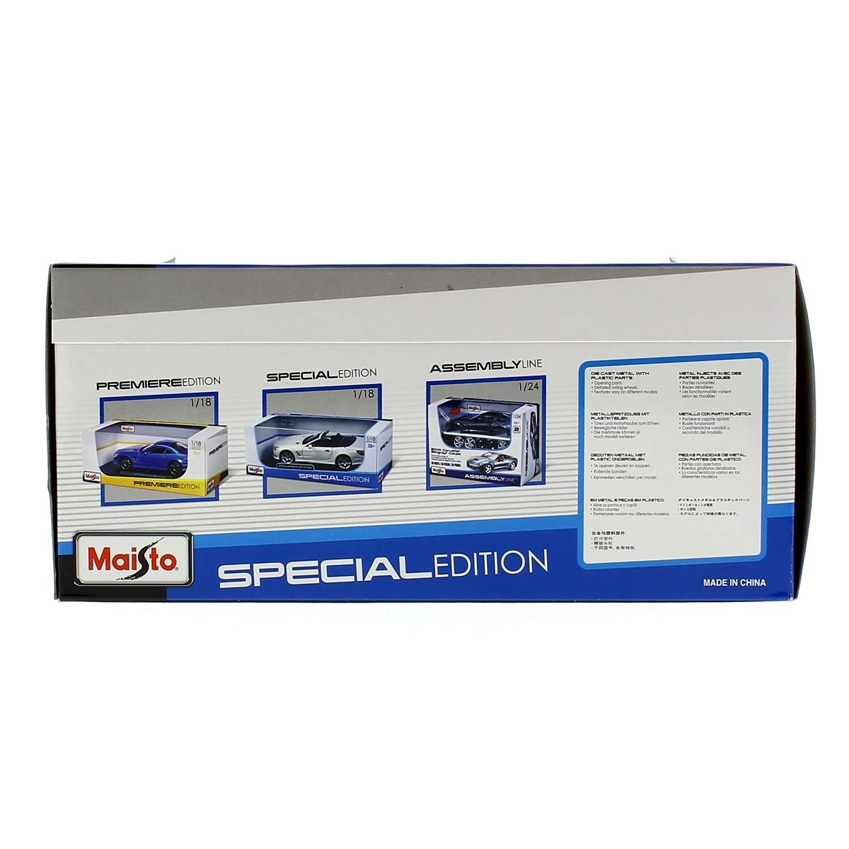 Una caja con coches de juguete. Contiene Premiere Edition, Special Edition y Assembly Line. Marca Maisto. Hecho en China.