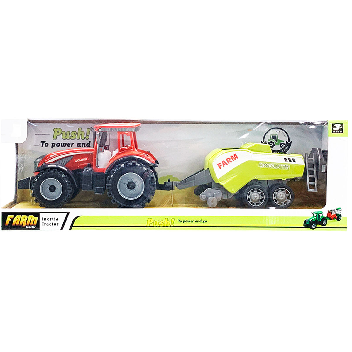 Un tractor de juguete con un remolque. El tractor es rojo, el remolque es amarillo. Están en una caja con texto y otros tractores de juguete.
