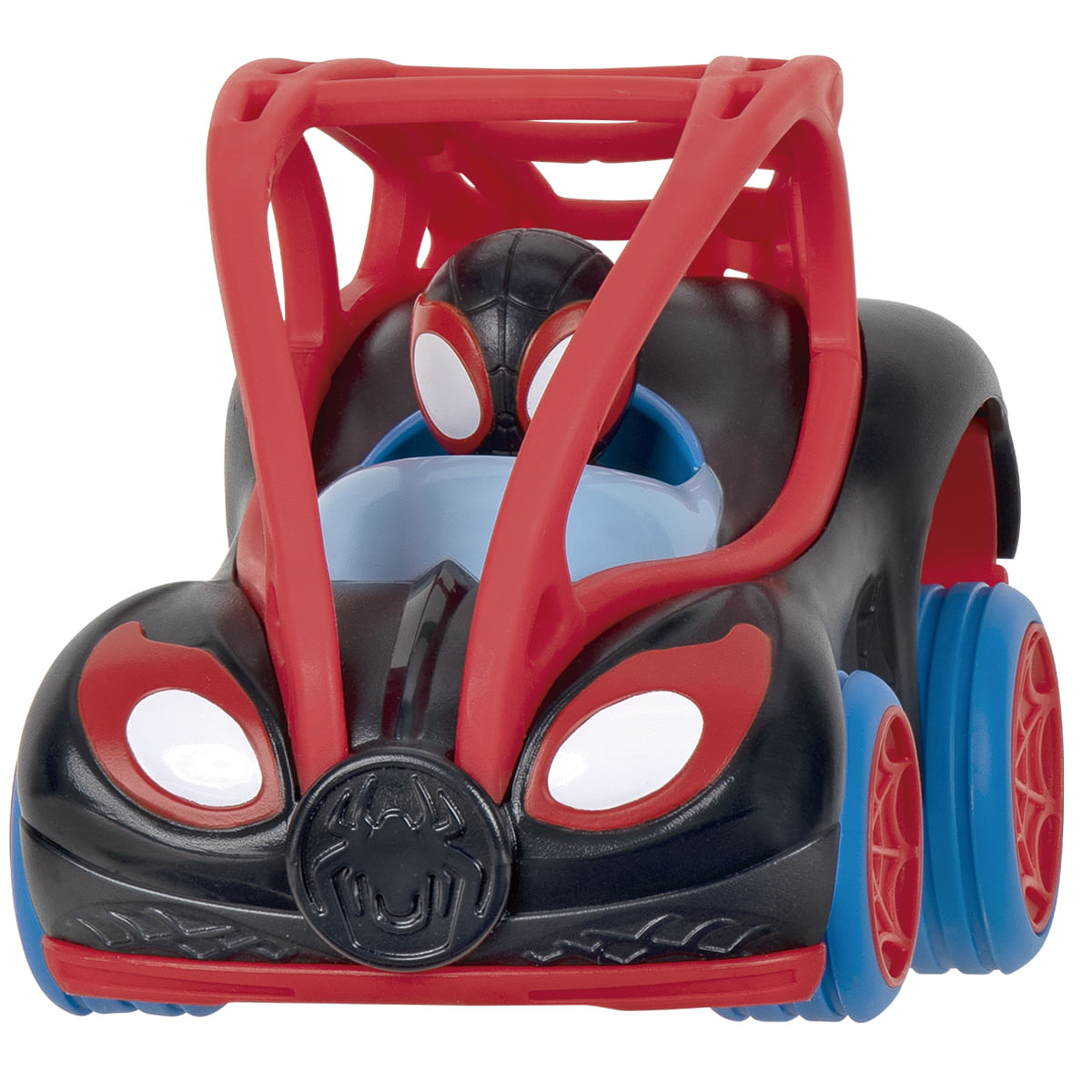 Un coche de juguete con una figura de Spider-Man. Es negro y rojo con ruedas azules y una jaula antivuelco roja.
