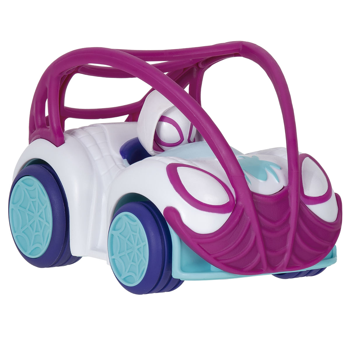 Un coche de juguete con forma de Spider-Gwen. Tiene un cuerpo blanco con detalles morados, ruedas azules y una jaula antivuelco morada.