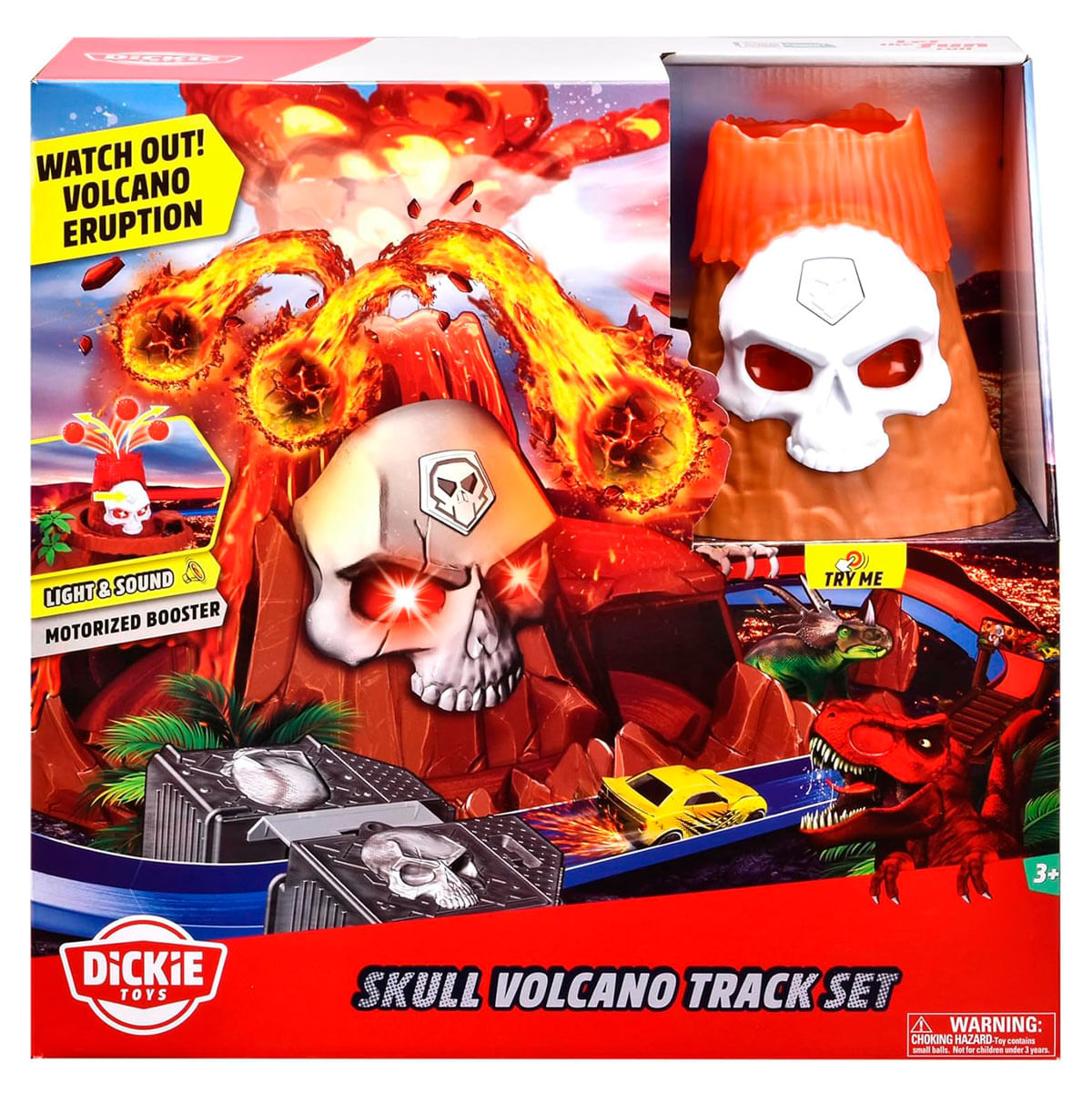 Un juego de juguetes titulado 'Skull Volcano Track Set'. Presenta un volcán, calaveras, lava, un coche y figuras de dinosaurios, con 'Light & Sound'.