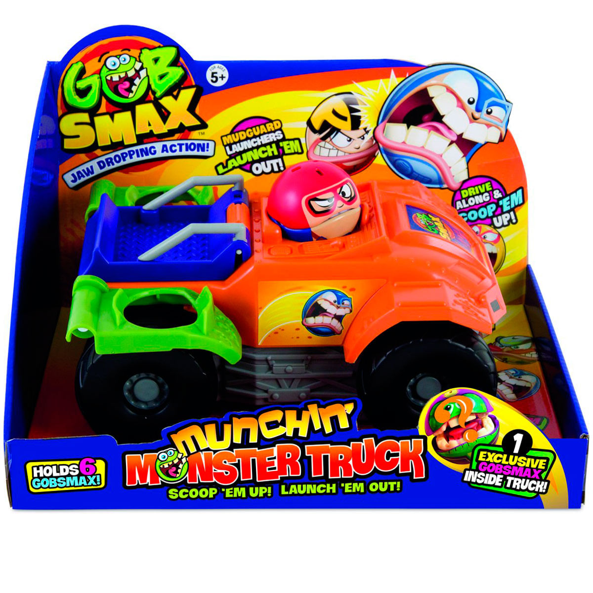 Camión monstruo de juguete en una caja, naranja con partes verdes y azules. Incluye una figura de conductor. El texto dice 'Munchin Monster Truck'.