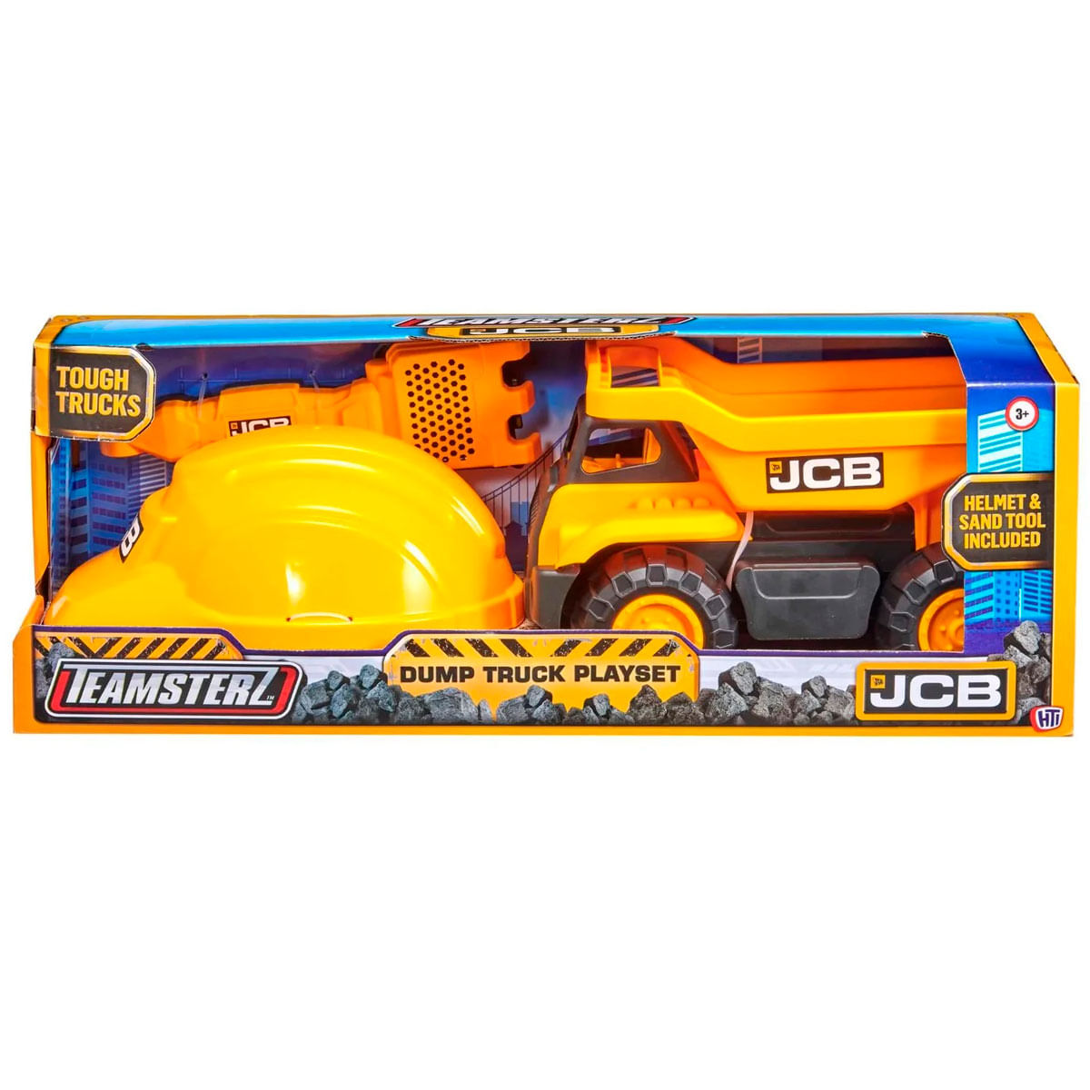 Un juego de camión volquete de juguete, que incluye un casco amarillo y un camión volquete JCB en una caja. La caja dice 'Teamsterz' y 'Dump Truck Playset'.