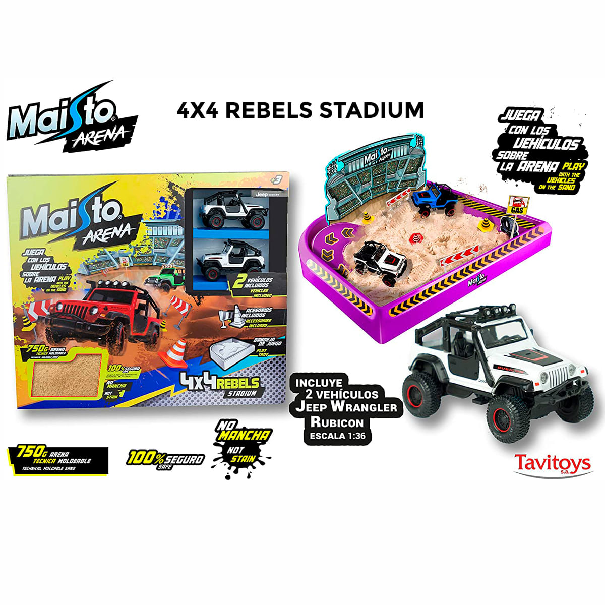 Un juego con arena, Jeeps y un estadio. Texto en inglés y español.