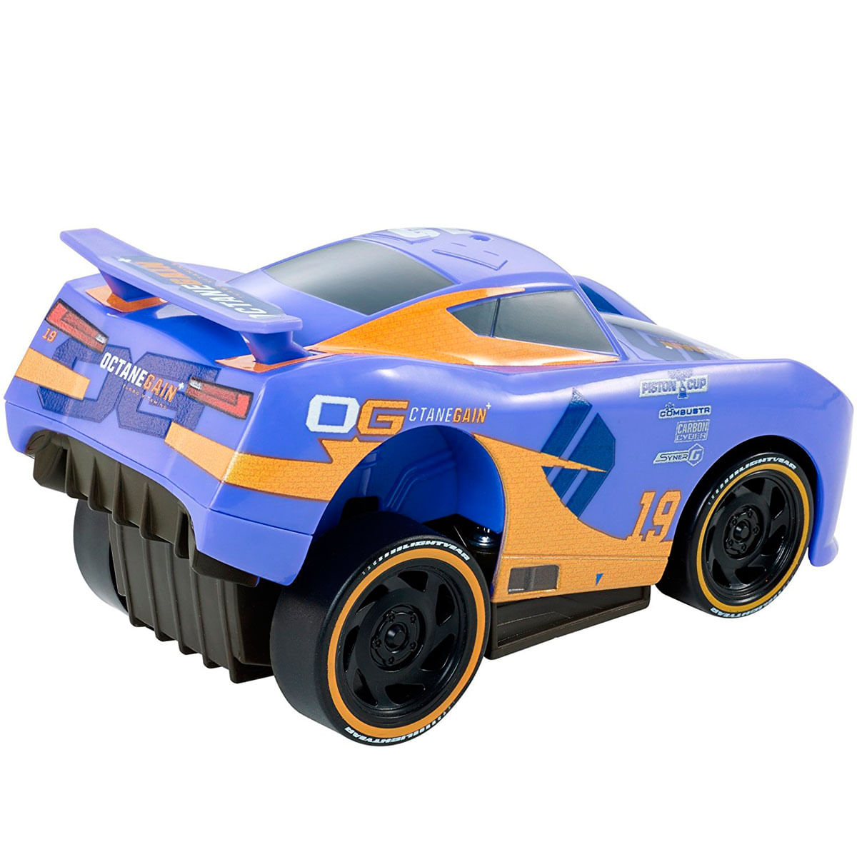 Un coche de carreras de juguete azul y naranja con el número 19. Tiene ruedas negras con detalles naranjas. El coche tiene logotipos de patrocinadores.
