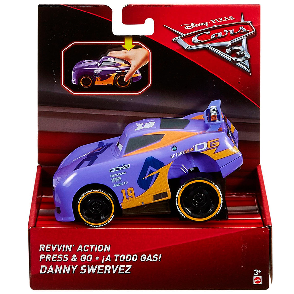 Un coche de juguete, morado con detalles naranjas, en una caja. Es un personaje de 'Cars', Danny Swervez. La caja tiene el logo de 'Cars 3'.