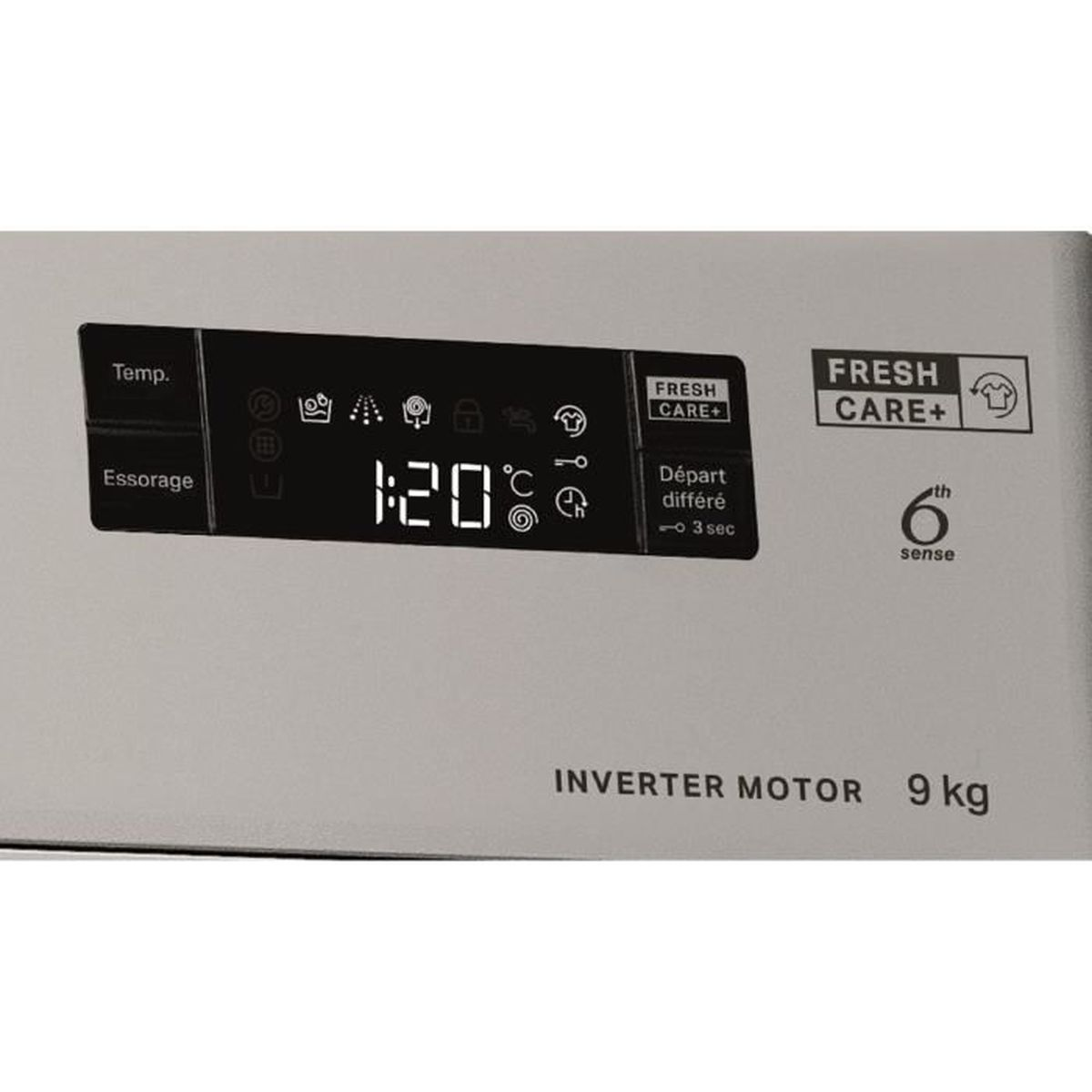 Waschmaschinen-Bedienfeld mit Digitalanzeige, die Zeit- und Temperatureinstellungen anzeigt. Mit 'Fresh Care+' und 'Inverter Motor'.