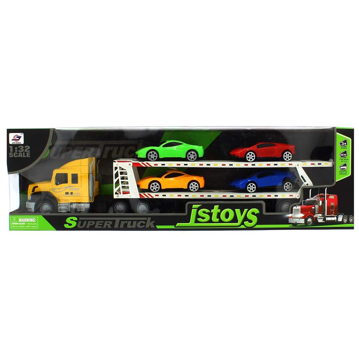 Un juego de camiones de juguete con un camión amarillo, un remolque y cuatro coches deportivos de colores. Es un conjunto 'Super Truck'.