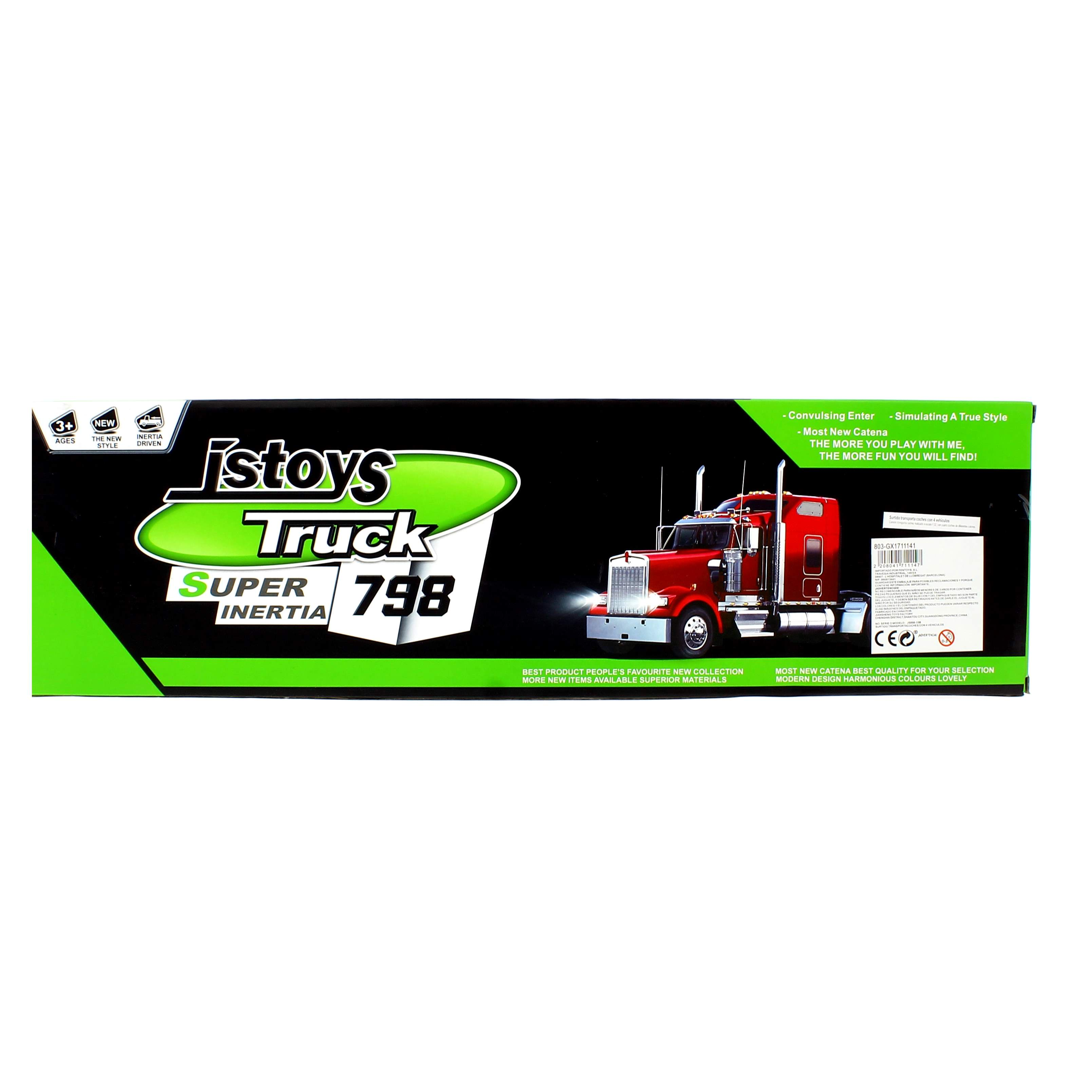 Caja de un camión de juguete. Imagen de camión rojo, fondo verde y negro, texto: Super Inertia 798, la marca es 'istoys'.
