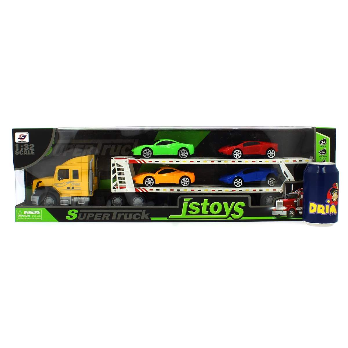 Camión de juguete que transporta cuatro coches de juguete coloridos. Hay una lata de bebida a la derecha. La caja dice 'Super Truck' y 'Jstoys'.