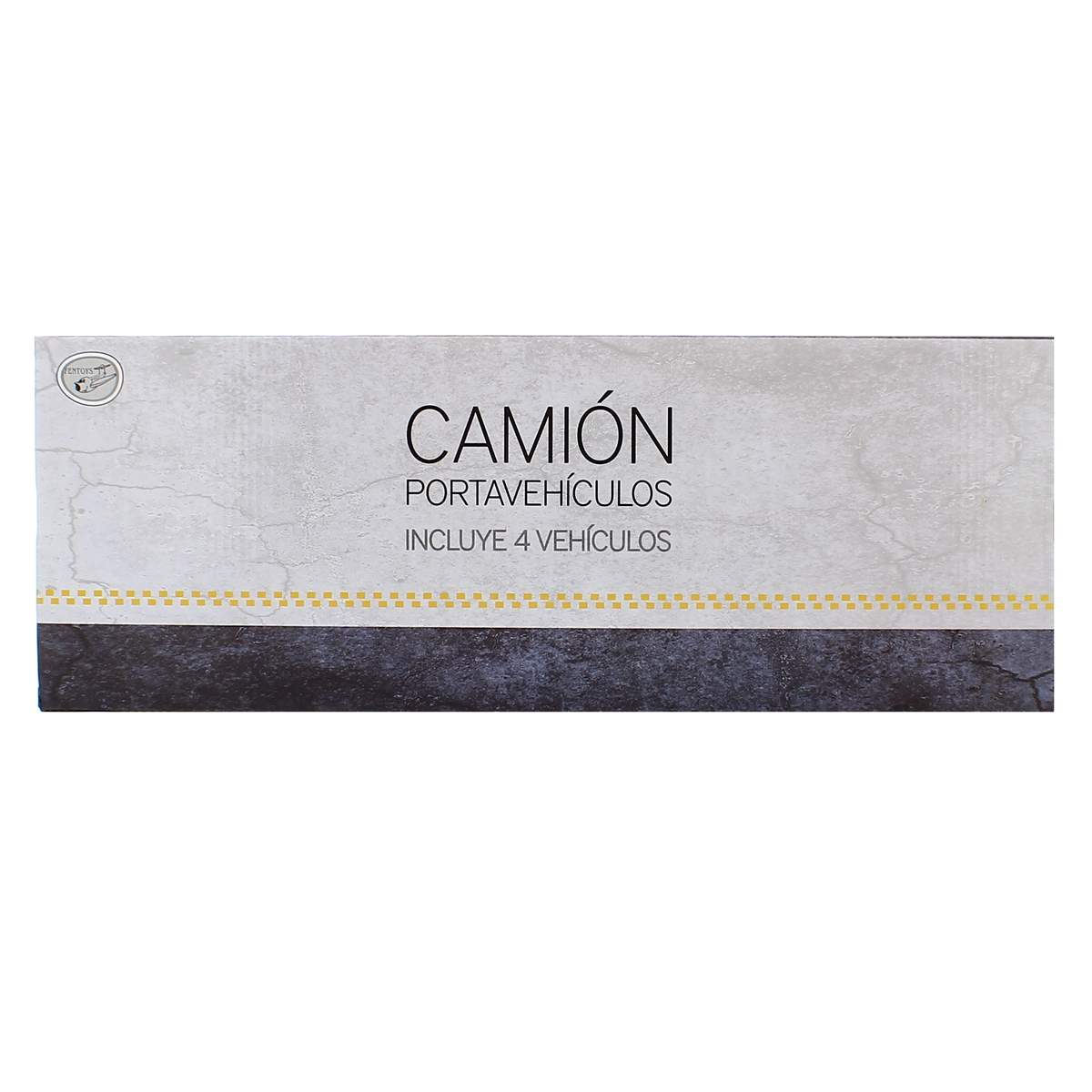 Caja con texto CAMIÓN, PORTAVEHÍCULOS, INCLUYE 4 VEHÍCULOS. Parte superior gris, base negra, fondo blanco.