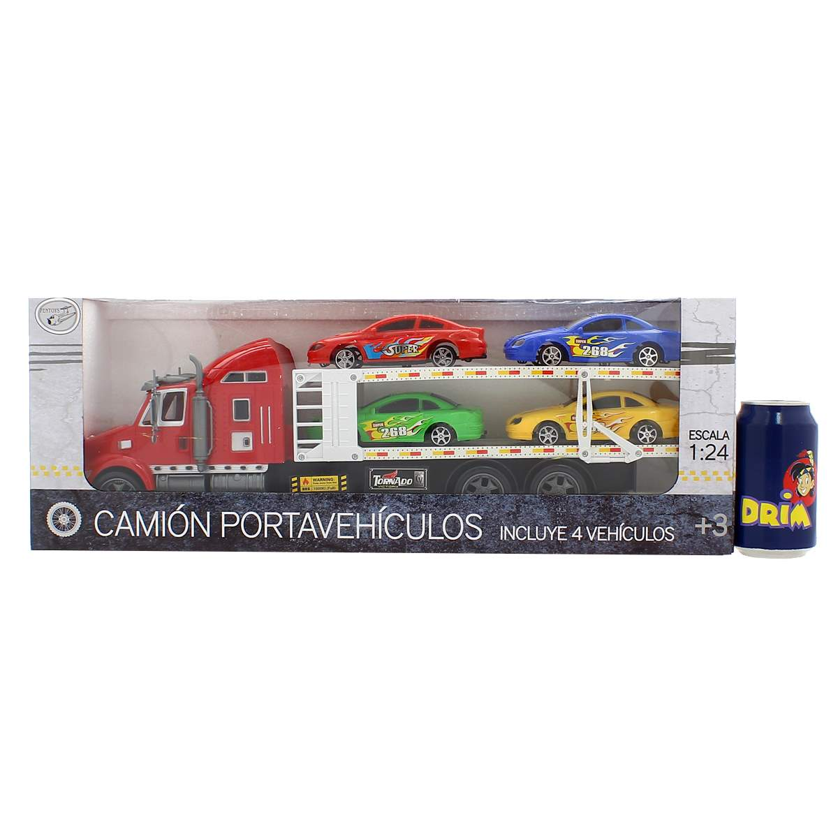 Un camión de juguete que transporta cuatro coches de juguete. Hay una lata de bebida a la derecha. El camión es rojo y los coches son de diferentes colores.