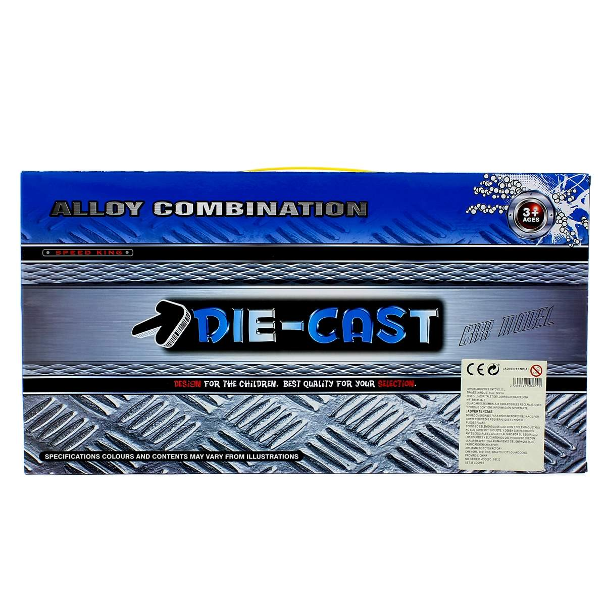 Caja azul con texto 'ALLOY COMBINATION' y 'DIE-CAST'. Dice 'DESIGN FOR THE CHILDREN' y '3+ AGES'.