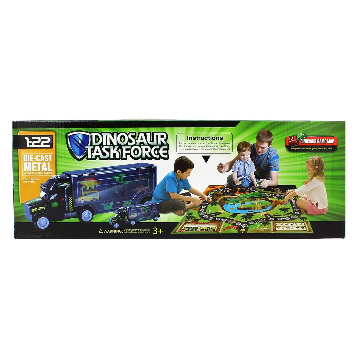 Una caja con un juego de la fuerza de tarea de dinosaurios. Niños y un hombre juegan un juego con tema de dinosaurios en una alfombra.