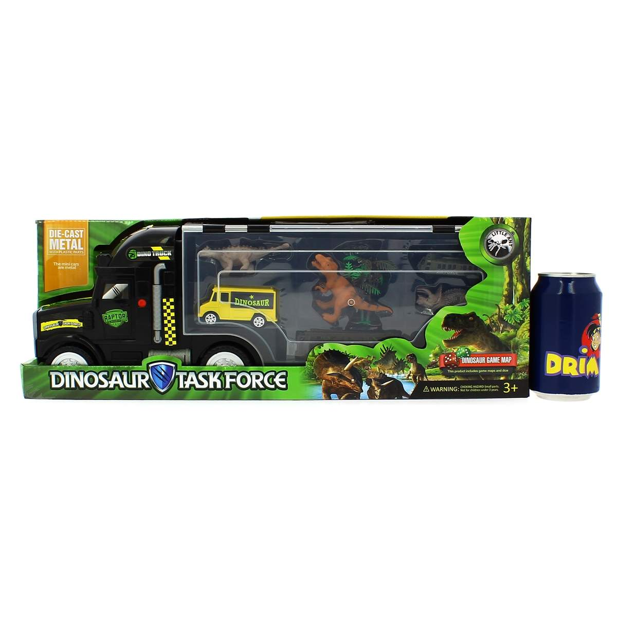Un juego de juguetes con un camión de dinosaurios negro, un autobús de dinosaurios amarillo y figuras de dinosaurios. Hay una lata azul a la derecha.