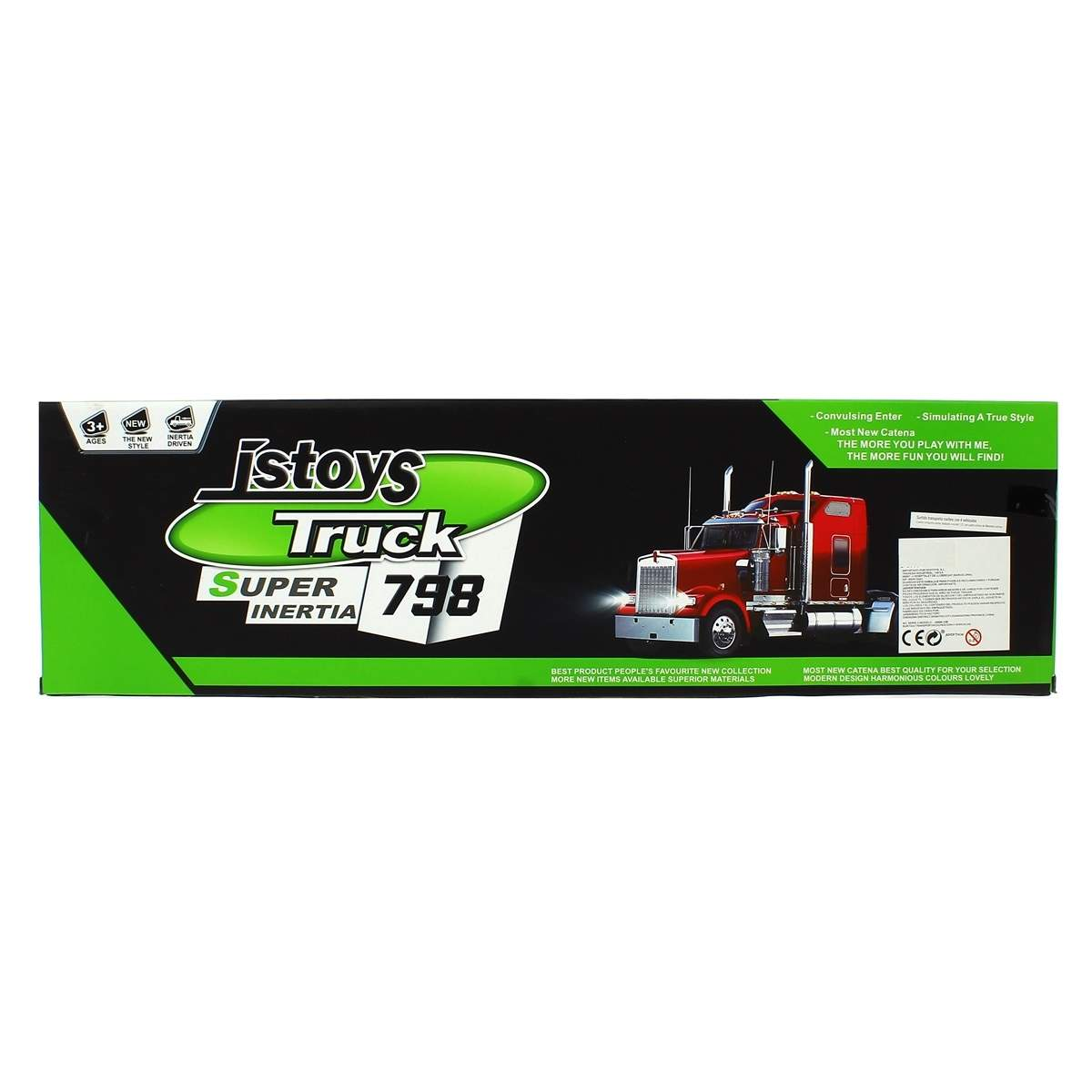 Una caja de camión de juguete. Ilustración de camión rojo, marca Istoys Truck, Super Inertia y '798' están escritos en la caja.