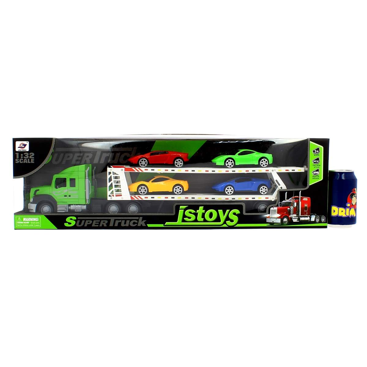Un Super Truck de juguete transporta cuatro coches deportivos. El camión es verde y blanco, los coches son rojo, verde, amarillo y azul. Una lata está al lado.