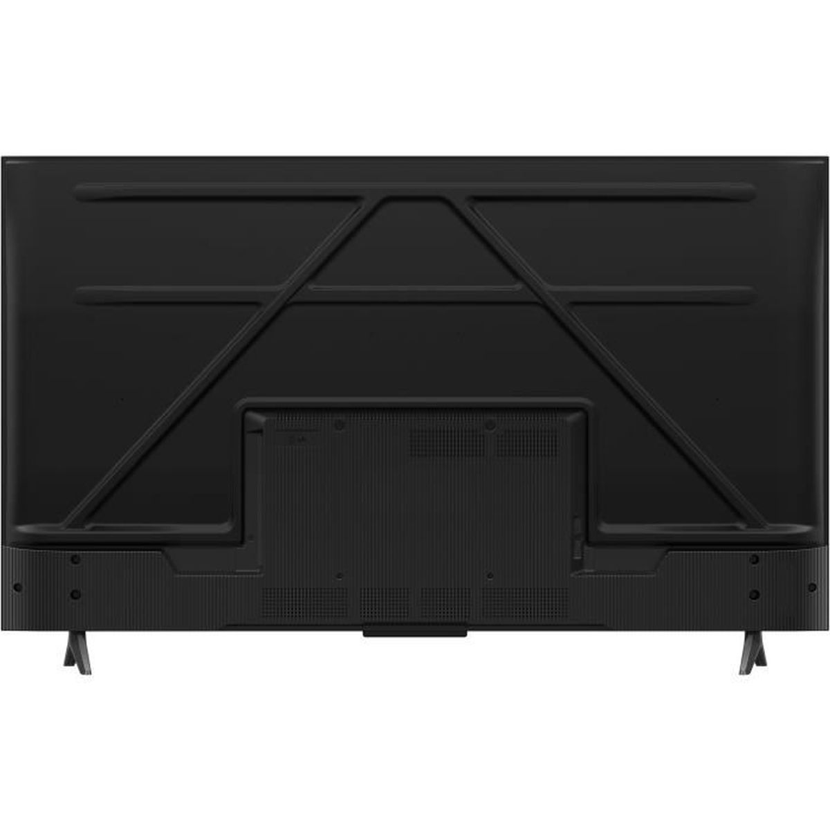 Tył czarnego telewizora. Ma metalową podstawę i siatkowaty wzór na plecach. Metalowa rama wspiera ekran.