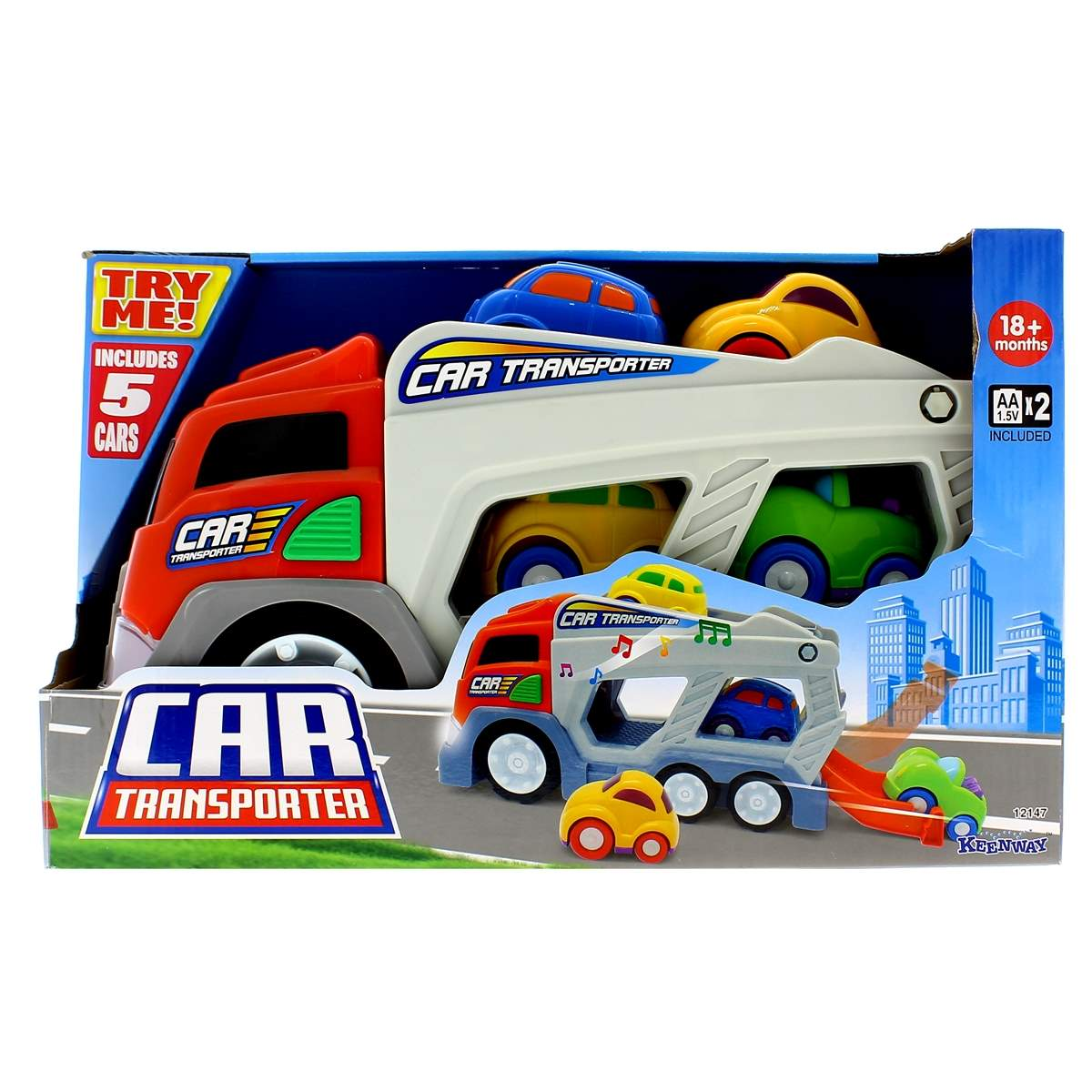 Se muestra un juego de transporte de coches de juguete, que incluye un camión rojo, varios coches de juguete de colores y un remolque de transporte de coches, todo en una caja.