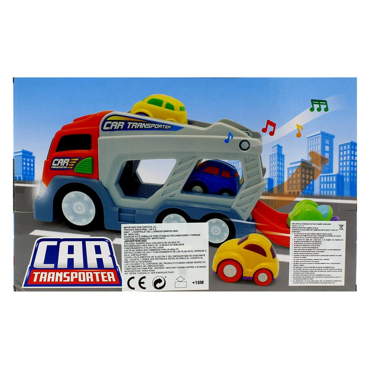 Transportador de coches de juguete. Colores rojo, gris y azul. Incluye coches amarillos y azules. Notas musicales en la caja.