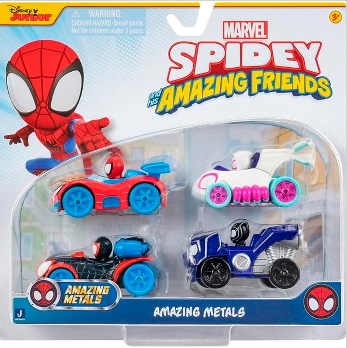 Juego de juguetes de Spidey y sus increíbles amigos. Incluye cuatro coches de juguete con personajes de Spiderman. El embalaje tiene el logotipo de Marvel.