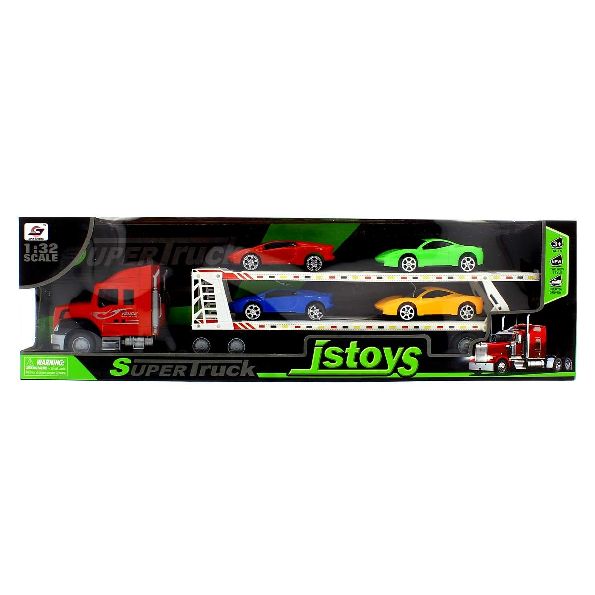 Juego de camión de juguete con un camión rojo, remolque y cuatro coches de juguete coloridos: rojo, verde, azul y amarillo. La caja dice Super Truck y Jstoys.