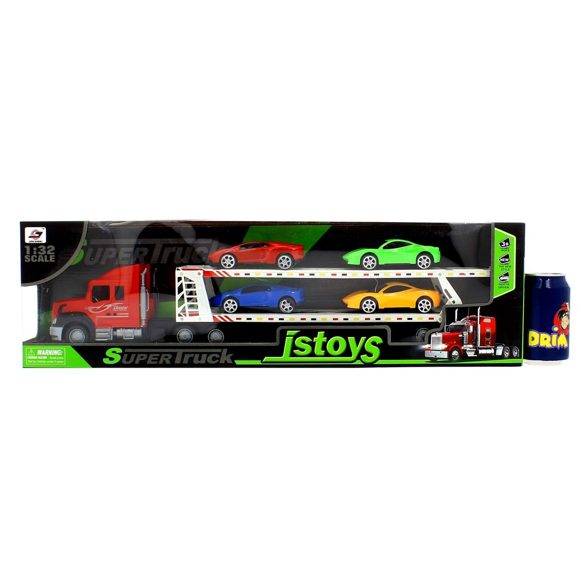 Un camión de juguete que transporta cuatro coches de juguete. El camión y los coches son rojos, verdes, azules y amarillos. Hay una lata azul a la derecha.