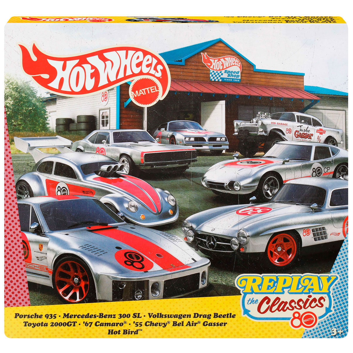 Caja de Hot Wheels. Se muestran varios coches de juguete, como un Porsche, Mercedes y otros. Un garaje está al fondo.