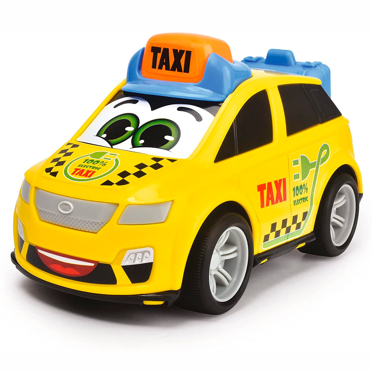 Taxi de juguete amarillo con ojos de dibujos animados, letrero naranja en el techo y la palabra 'TAXI'. El coche tiene patrones de tablero de ajedrez en blanco y negro.