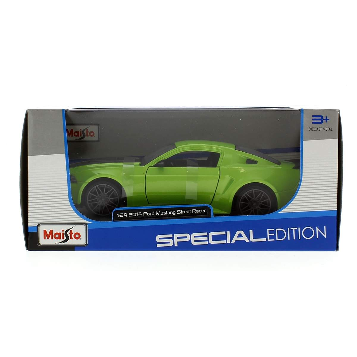 Un coche de juguete verde 2014 Ford Mustang Street Racer en una caja. La caja dice 'Special Edition' y 'Maisto'.