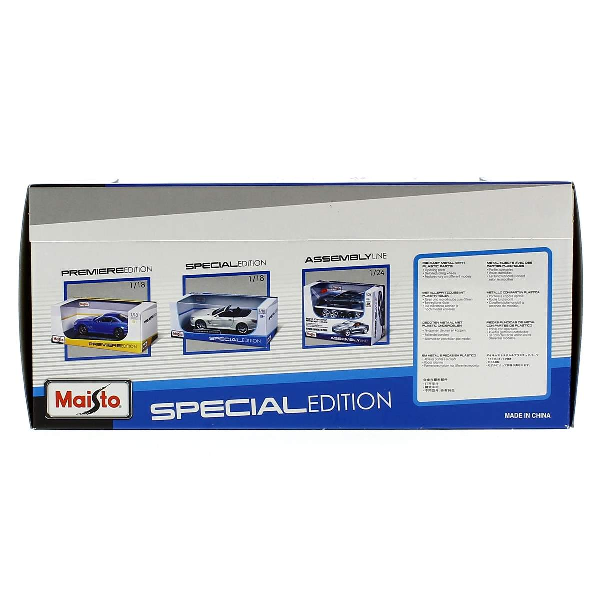 Una caja con modelos de coches Maisto. Tiene líneas Premiere, Special y Assembly, incluyendo coches de juguete en cajas.