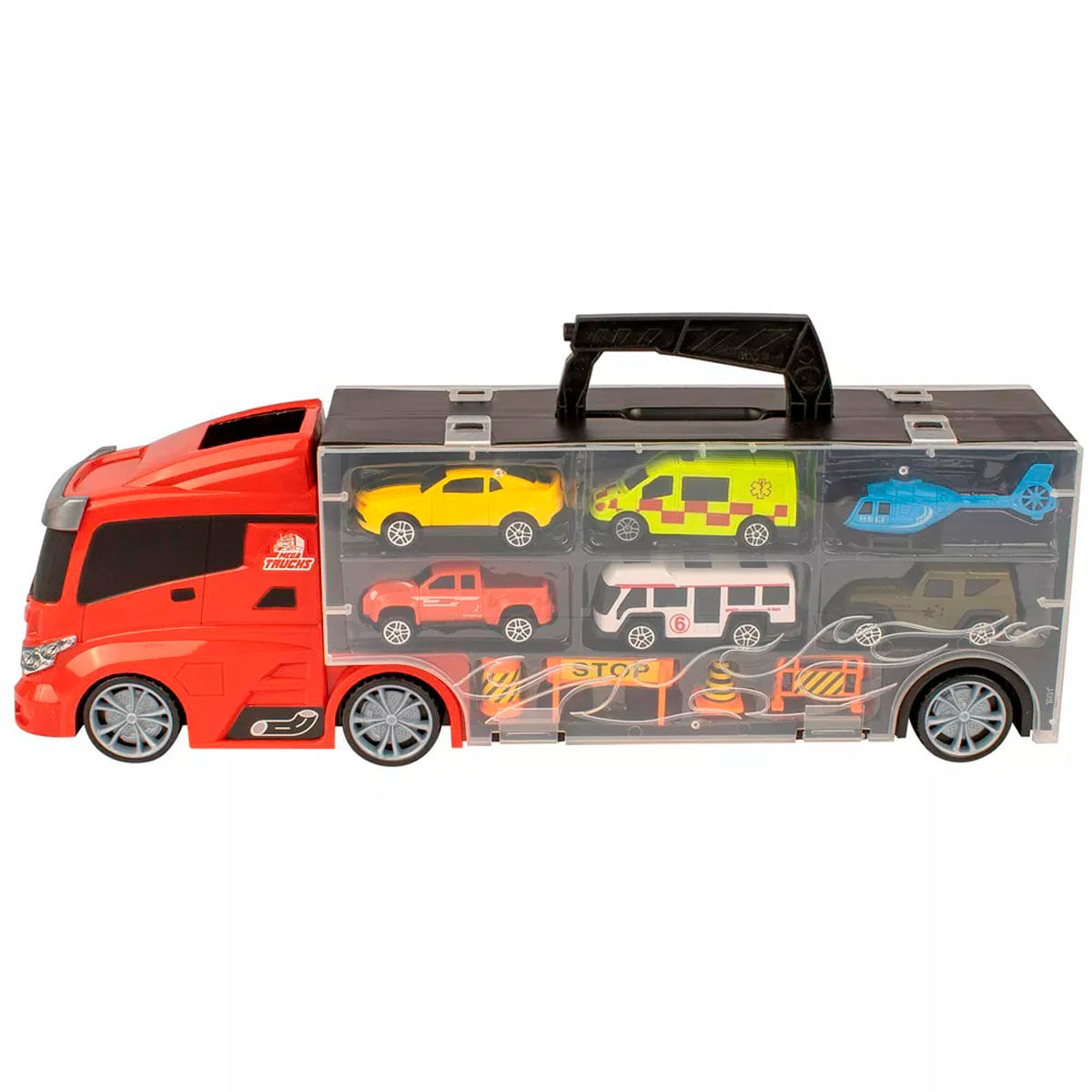 Un camión de juguete rojo transporta una maleta negra con vehículos de juguete: coche amarillo, ambulancia, helicóptero, coche, autobús y jeep.