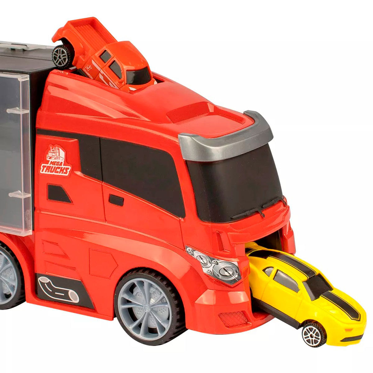 Un camión de juguete rojo con un pequeño camión naranja encima y un coche amarillo saliendo del camión.