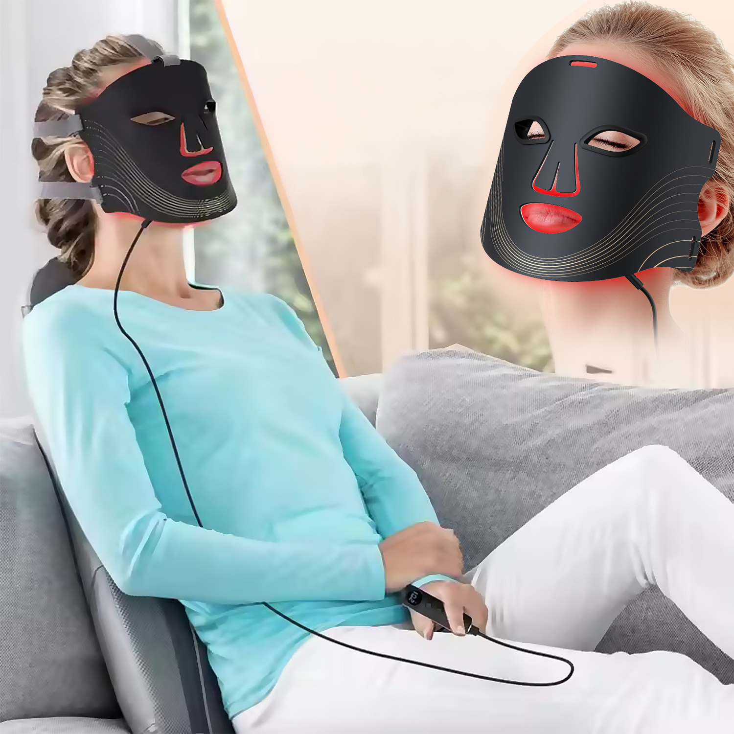Frau mit schwarzer LED-Gesichtsmaske, sitzt auf einem Sofa und hält eine Fernbedienung. Zusätzliches Maskenbild oben rechts.