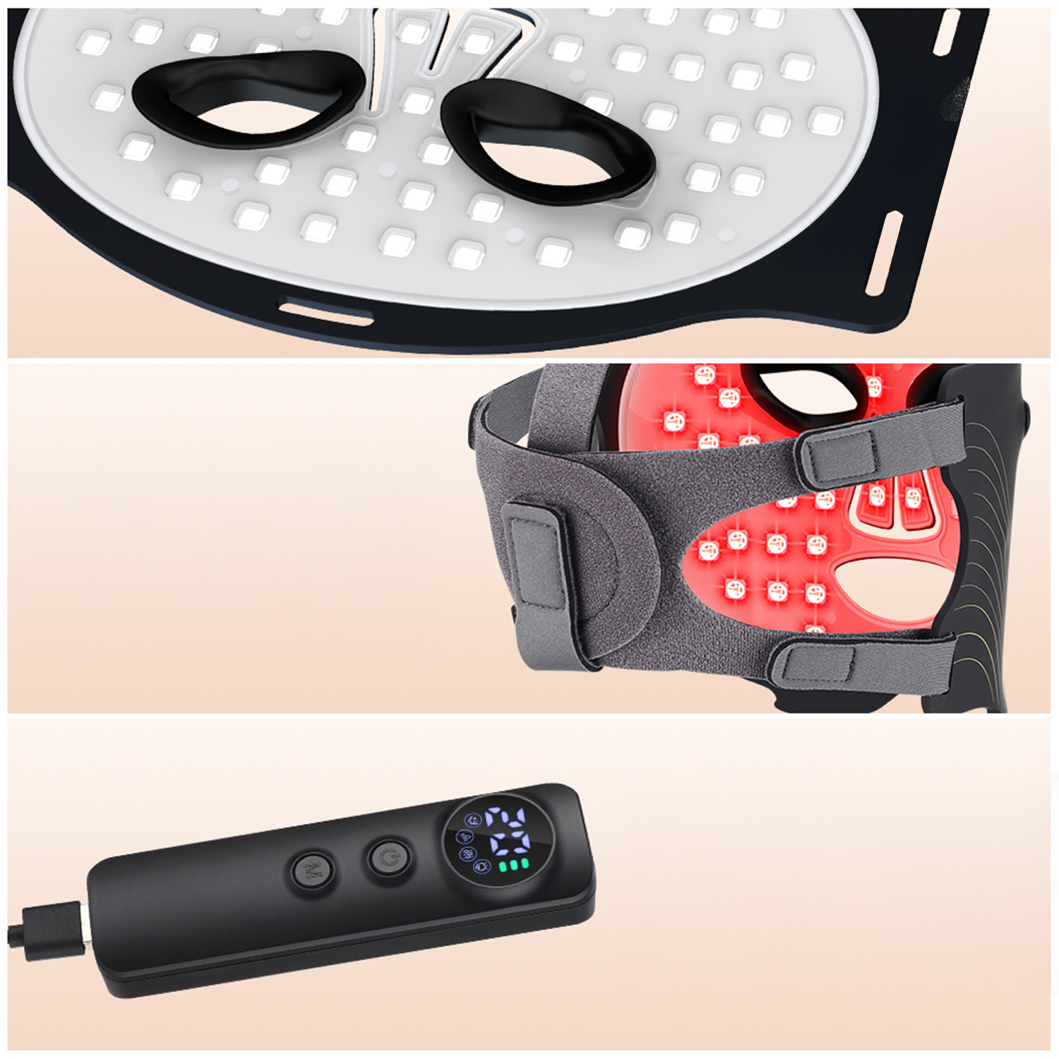 Gezeigt wird eine LED-Gesichtsmaske. Sie ist schwarz und weiß, mit schwarzen Augenabdeckungen. Daneben befindet sich ein Controller. Die Maske ist für die Hautpflege.