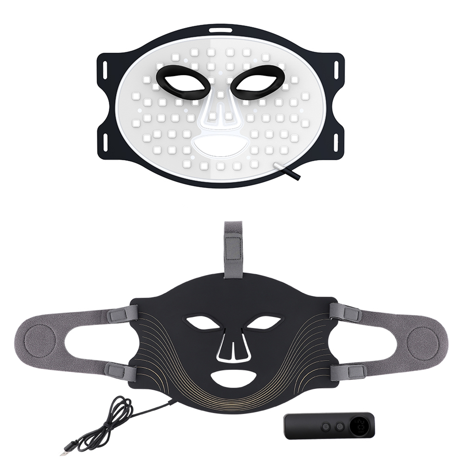 Zwei Gesichtsmasken: eine weiße mit schwarzem Rand und LEDs, die andere schwarz mit grauen Trägern. Eine Fernbedienung und ein Kabel sind ebenfalls zu sehen.