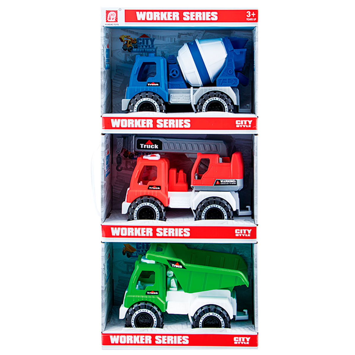 Tres camiones de juguete en cajas: mezcladora de cemento azul, camión de bomberos rojo y volquete verde. Las cajas dicen 'Worker Series' y 'City Style'.