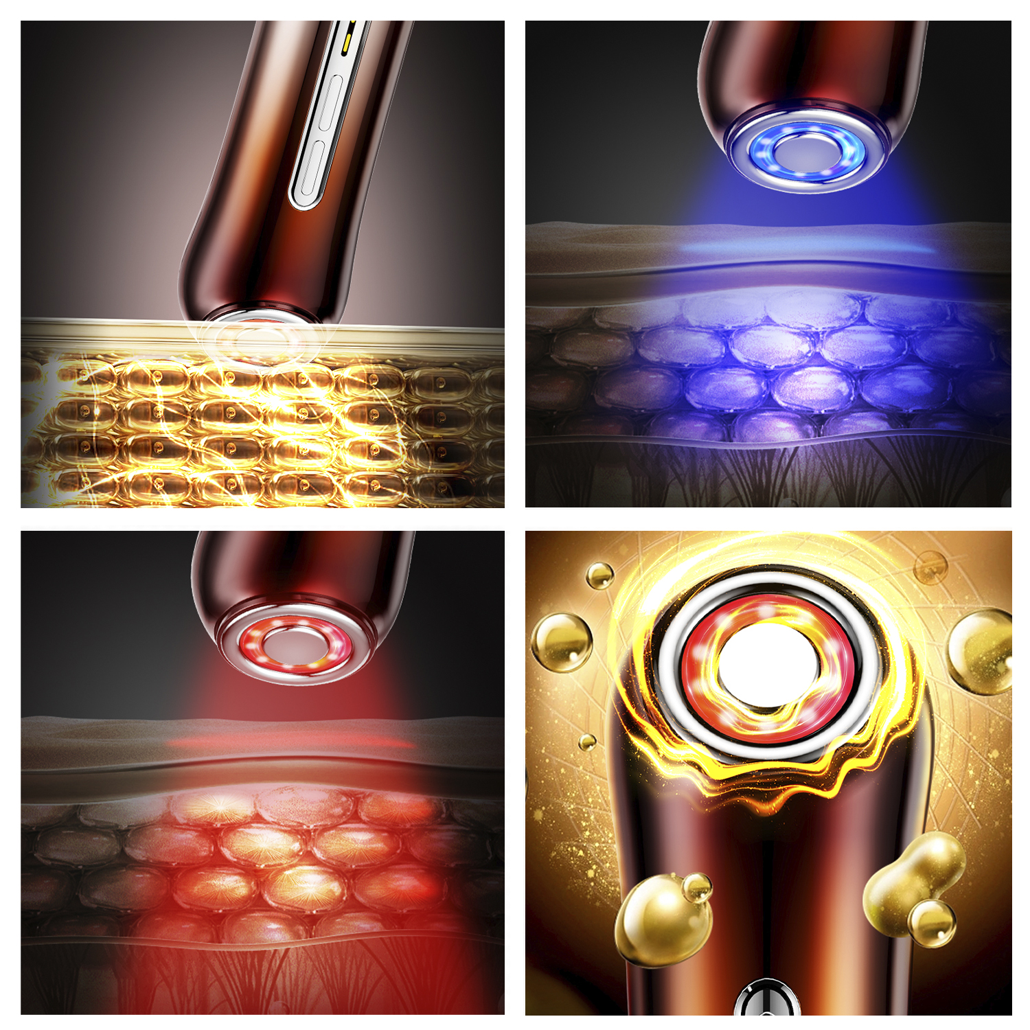 Le immagini mostrano un dispositivo di bellezza che emette luci di diversi colori. Interagiscono con gli strati della pelle, con goccioline di liquido dorato.