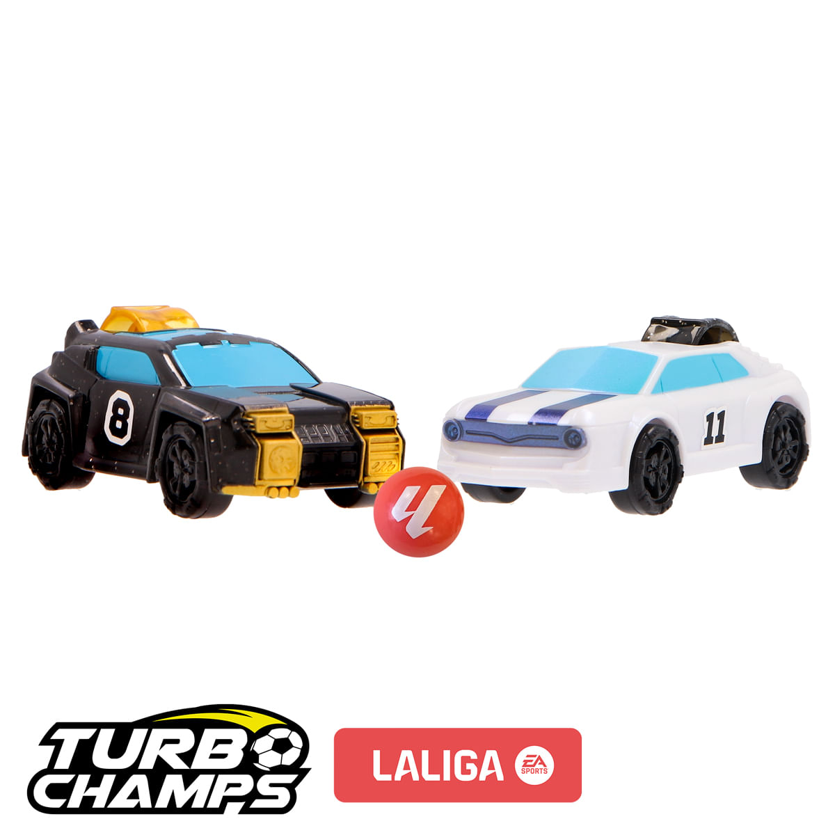 Dos coches de juguete, negro y blanco, con una pelota roja en medio. El coche negro tiene el número 8, el blanco el 11.