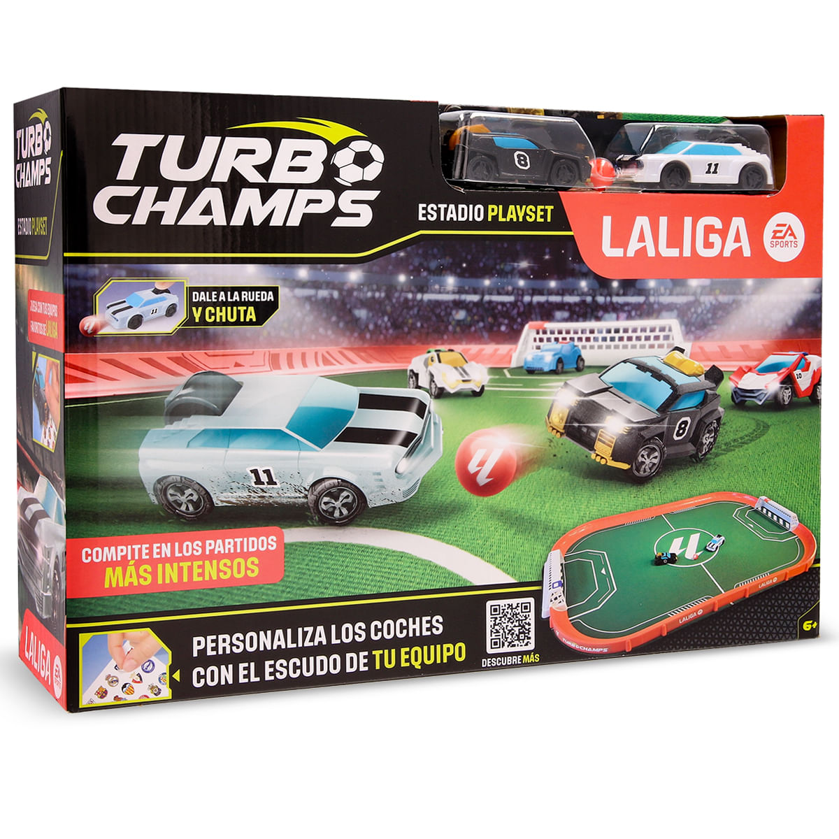 Una caja de juegos Turbo Champs. Muestra coches de juguete en un campo de fútbol. La caja tiene texto en español e inglés.