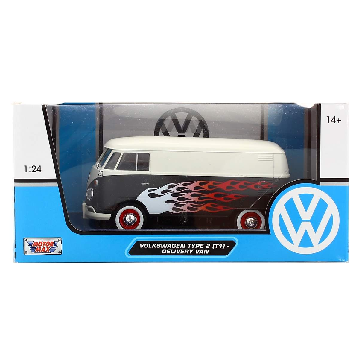 Un modelo de furgoneta Volkswagen Type 2 (T1) en una caja. La furgoneta es negra y blanca con calcomanías de llamas y ruedas rojas. La caja es azul.