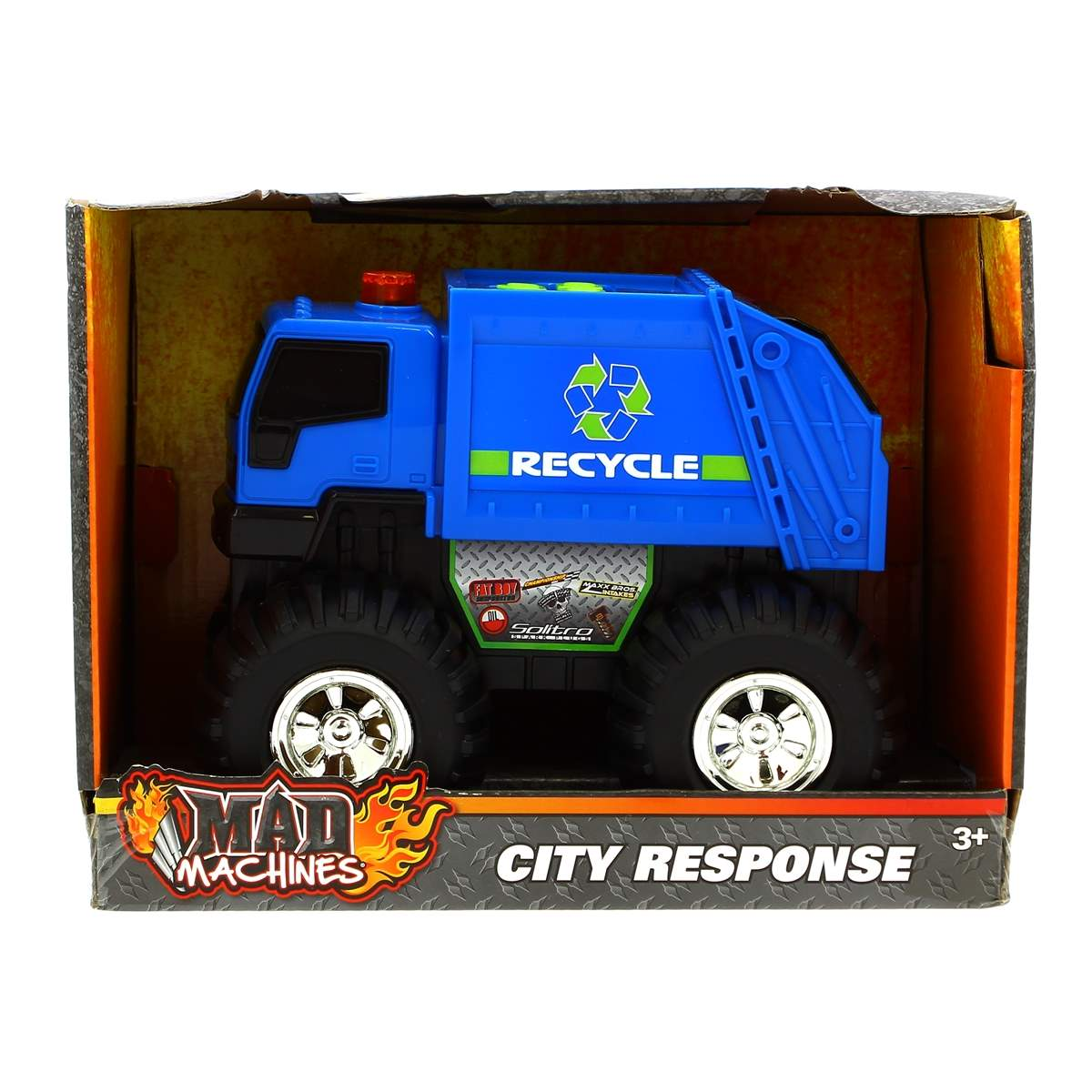 Un camión de basura de juguete azul con la etiqueta 'Reciclar' en una caja. Tiene neumáticos grandes y una etiqueta 'Mad Machines City Response'.